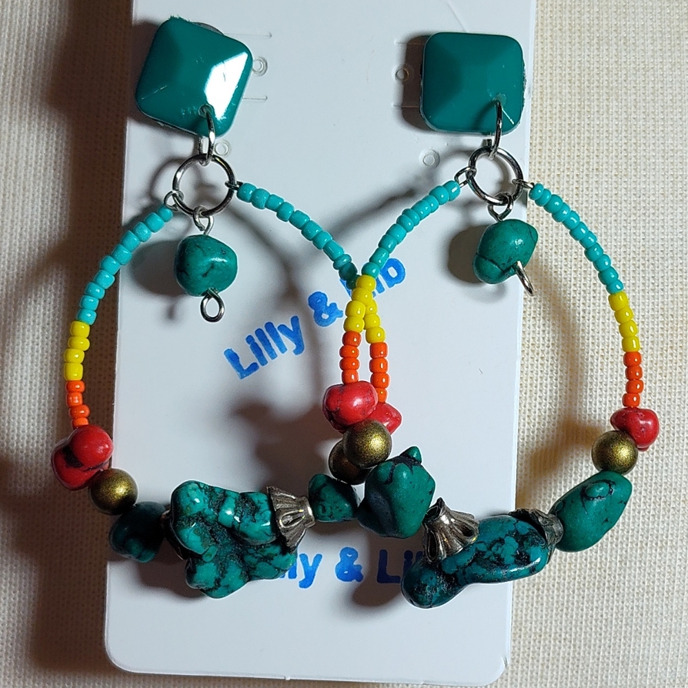 Turquoise and Red Beaded Hoop Earrings